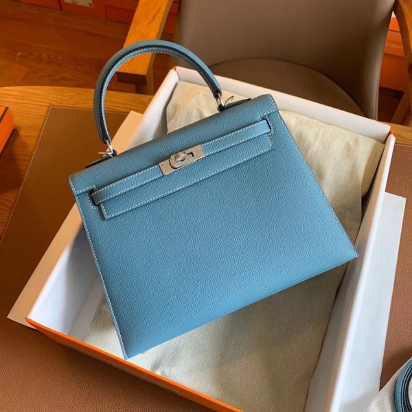 Hermès Kelly Sellier 25 Blue Jean Epsom Palladium Hardware